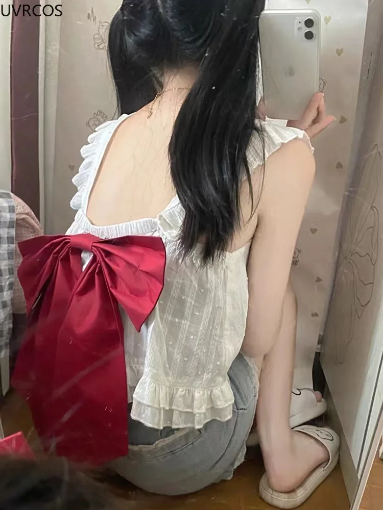 Chic White Lolita Tank Top Girly Sweet Japanese Cute Big Bow Crop Vset Women Casual Sexy Beach Camisole Harajuku Kawaii Clothes