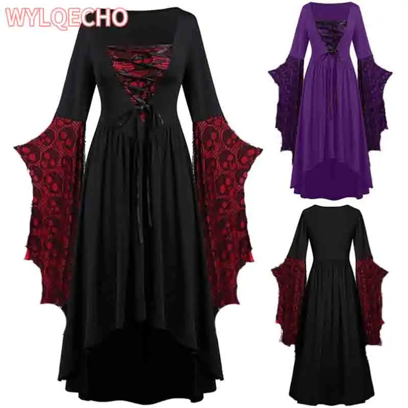 Vintage Halloween Cosplay Costume Witch Vampire Gothic Dress Ghost Dresses Up Party Printed Medieval Ghost Bride Female Clothes