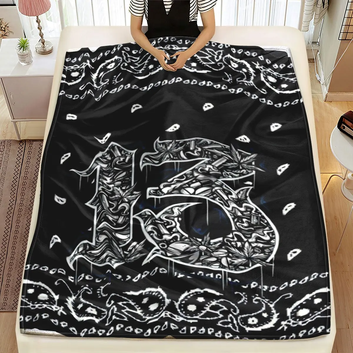 Aesthetic Gothic Skull Skeleton Black White Throw Blanket Grunge Spooky Number 17 Edgy Halloween Bed Cover Couch Throw Winter