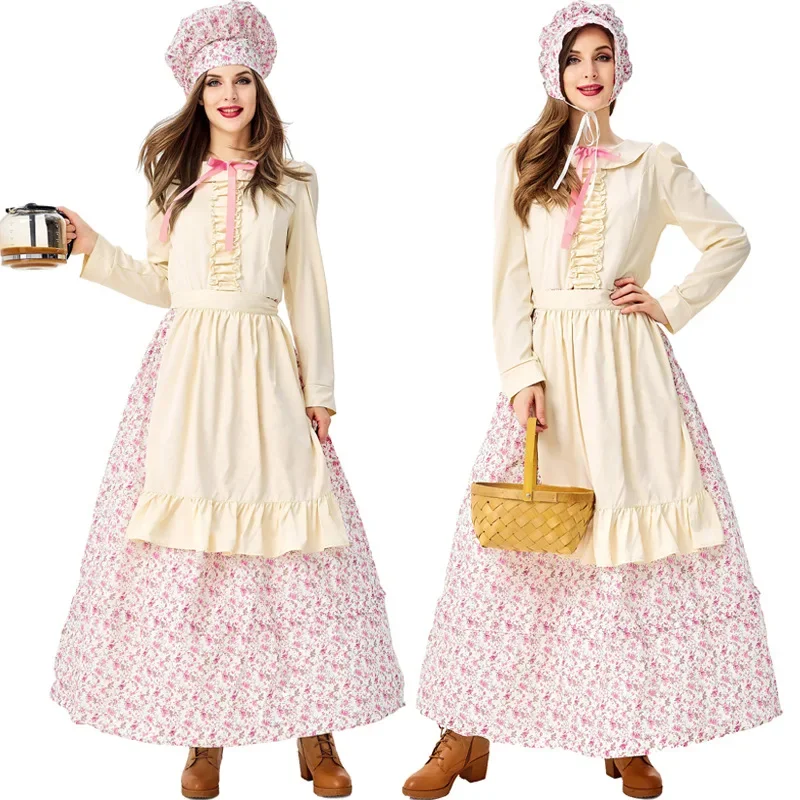 

Adult Women Prairie Pioneer Woman Costume Colonial Dress Floral Halloween Purim Carnival Party Cook Maid Costumes