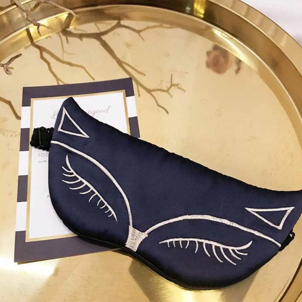 1Pcs Embroidered Silk Sleep Eye Mask Dark Blue Lightweight Breathable Adjustable Band Comfortable for Travel Home Office