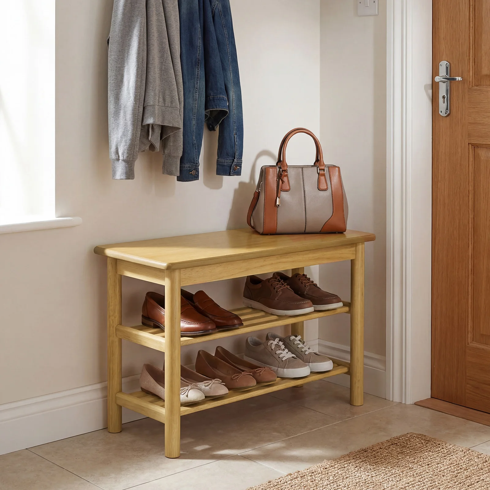 Shoe Rack Bench, 3-Tier Rubberwood Freestanding Shoe Changing Bench w/ Slat Shelve
