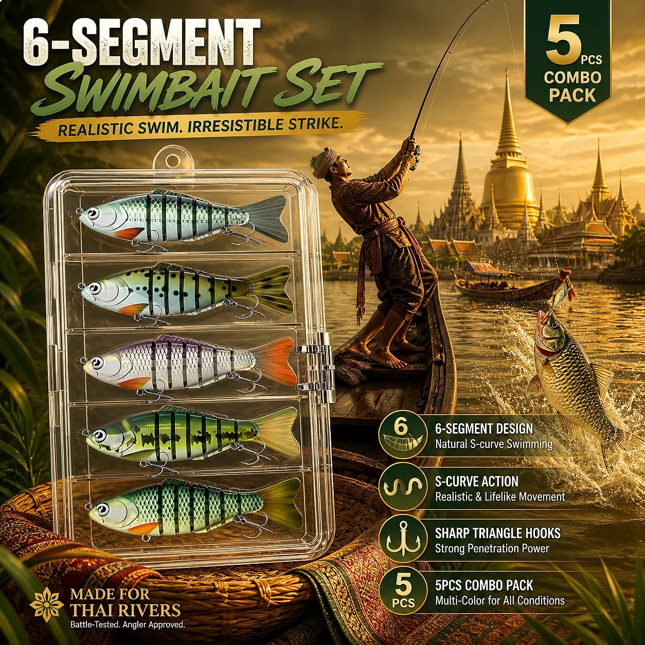 Angling Gear 5 Pcs Full Sinking Multi Jointed Swimbaits Segmented Artificial Bait Storage Box for Bass