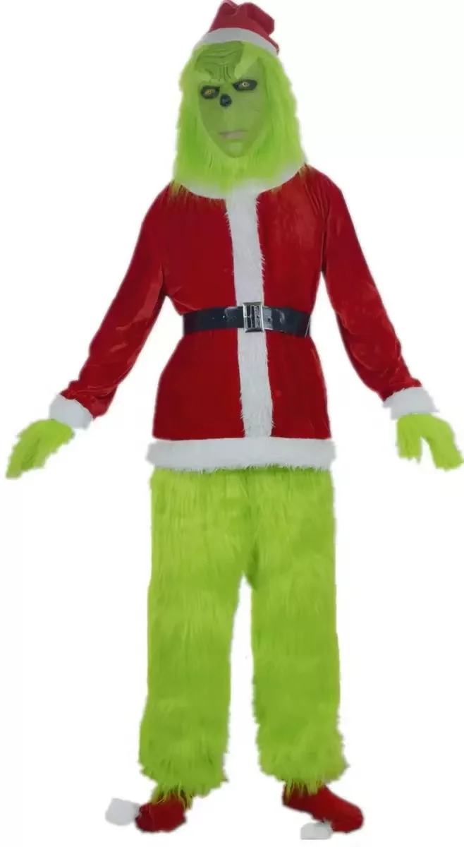 Merry Christmas Grinch Cosplay Costumes Green Thief Plush Mask Pants Gloves Red Santa Claus Hat Tops Socks Holiday Set Xmas Gift - view 5