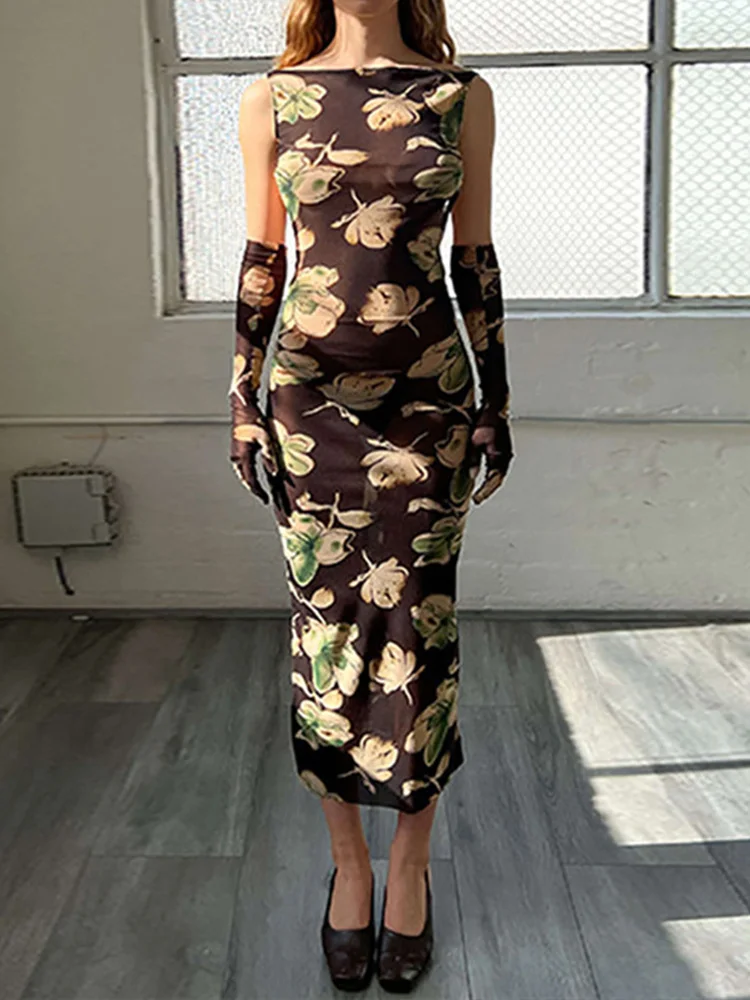 OMSJ Vintage Mesh Maxi Dress Female Streetwear Floral Printing Open Back Off-shoulder Bodycon See Through Sexy Dress With Gloves