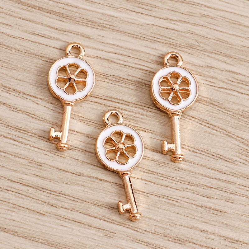 Tusember 20 Stück goldfarbene Emaille-Blumen-Schloss-Schlüssel-Anhänger für Schmuck, Ohrringe, Halsketten, DIY-Armbänder, Zubehör – Detail 5