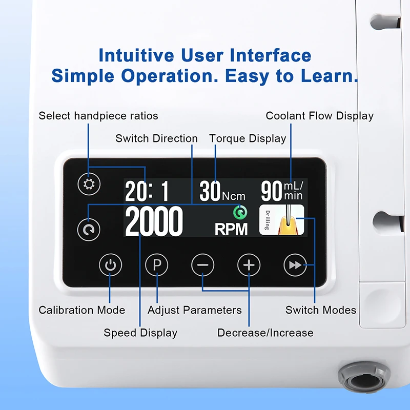 AZDENT Dentalimplantatmotor, bürstenloses chirurgisches Implantatsystem, LED-Touchscreen, 8 Programme, elektrisches System für Knochenchirurgie – Detail 3