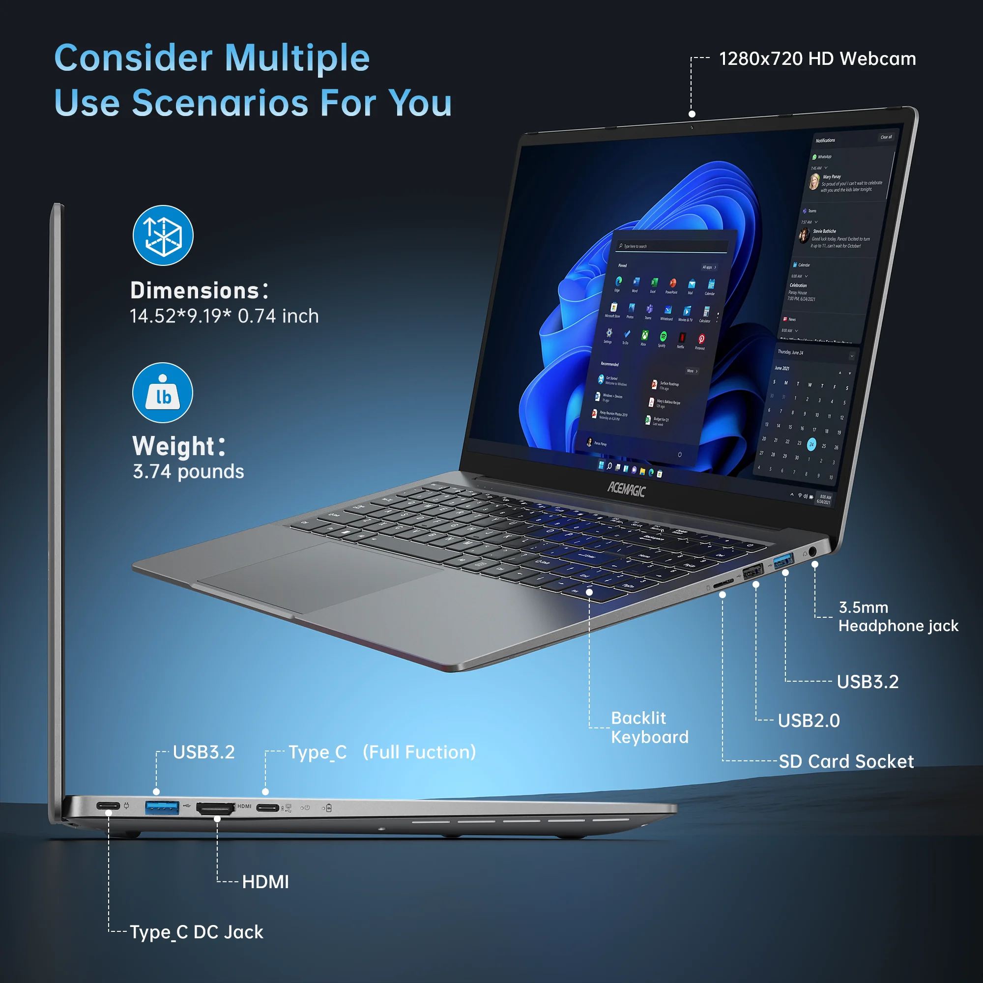 Imagem -04 - Acemagic-laptop Empresarial Leve Intel N95 16 Polegada 16gb Ram Lpddr4 512gb 1tb Ssd Windows 11 Pro Notebook pc