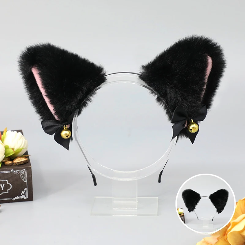 Diadema Sexy con orejas de gato para mujer y niña, collar de lazo de encaje, diadema de campana de felpa, accesorios para el cabello para fiesta de máscaras de Cosplay