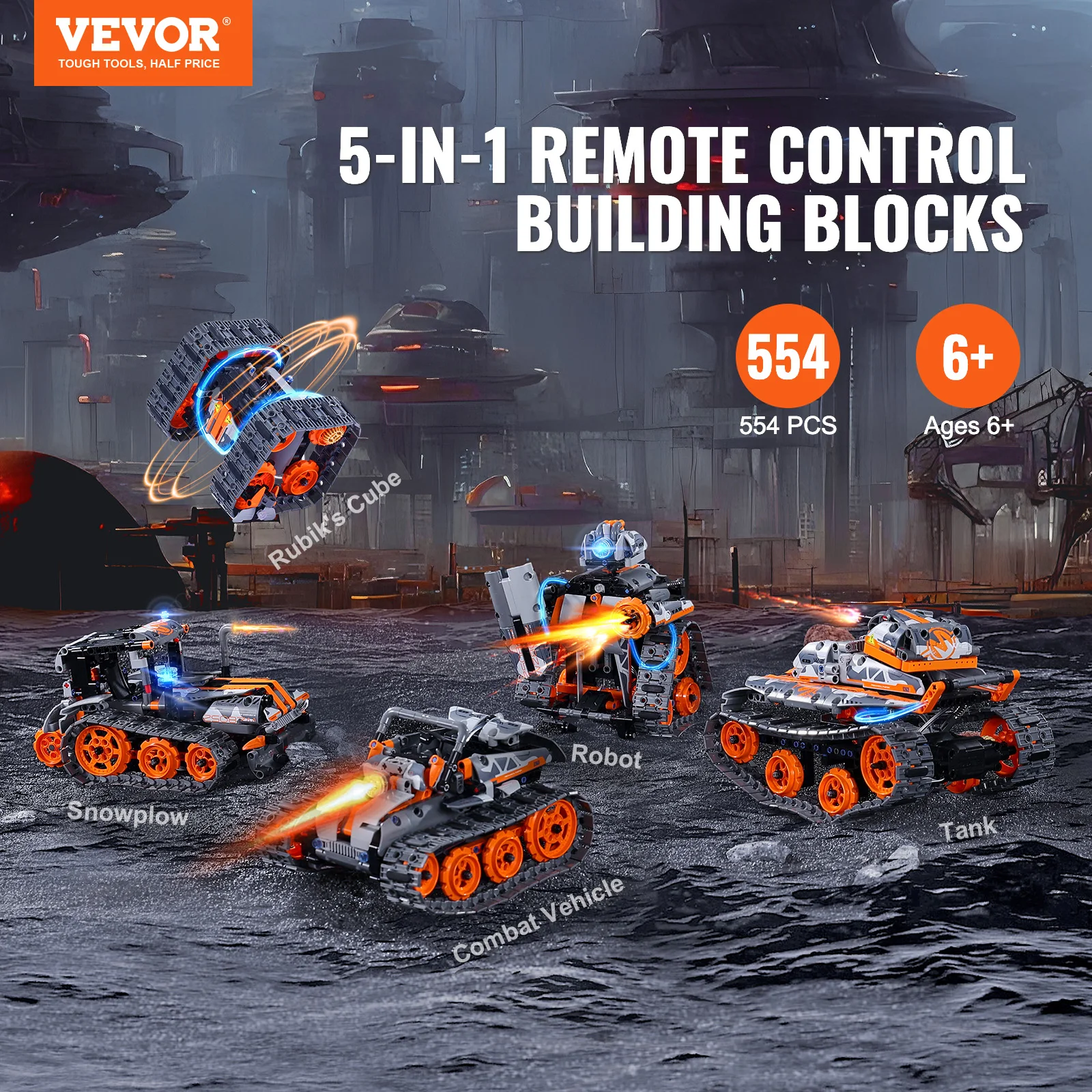 VEVOR  5-in-1 RC Technical Car APP Controlled 554pcs Blocks STEM Toys Car/Robot/Tank/Snowplow Building Set for Boys Kids Gifts