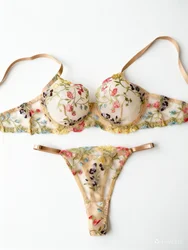 Yimunancy Floral Embroidery Lingerie Set Women Sheer 2-Piece Boho Bra + Panty Underwear Set Intimates