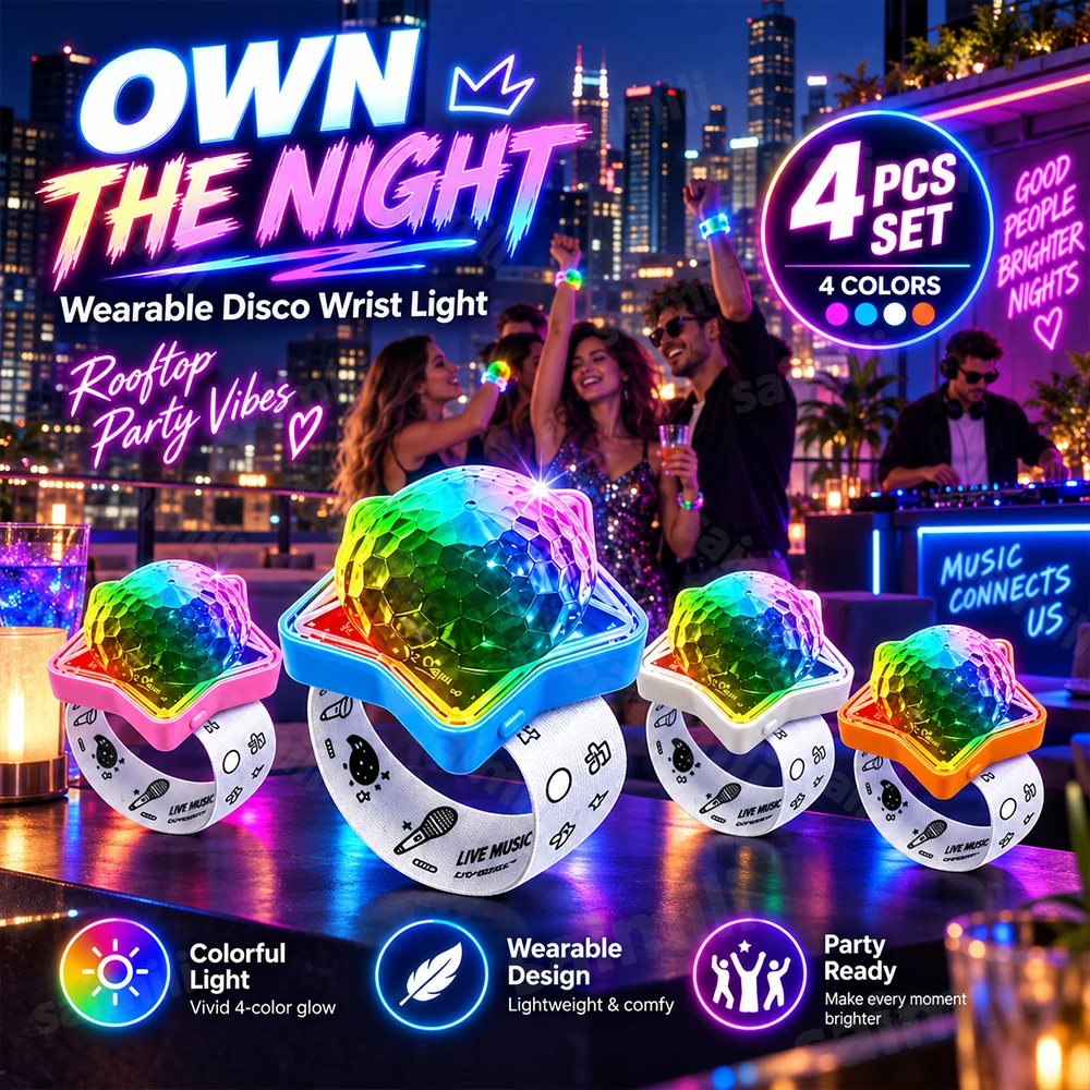 Portable Star Disco Projector Light 4Pcs Rechargeable Wrist‑Worn RGB Lamp 360 Degree Color Projection For Home Dancing Karaoke