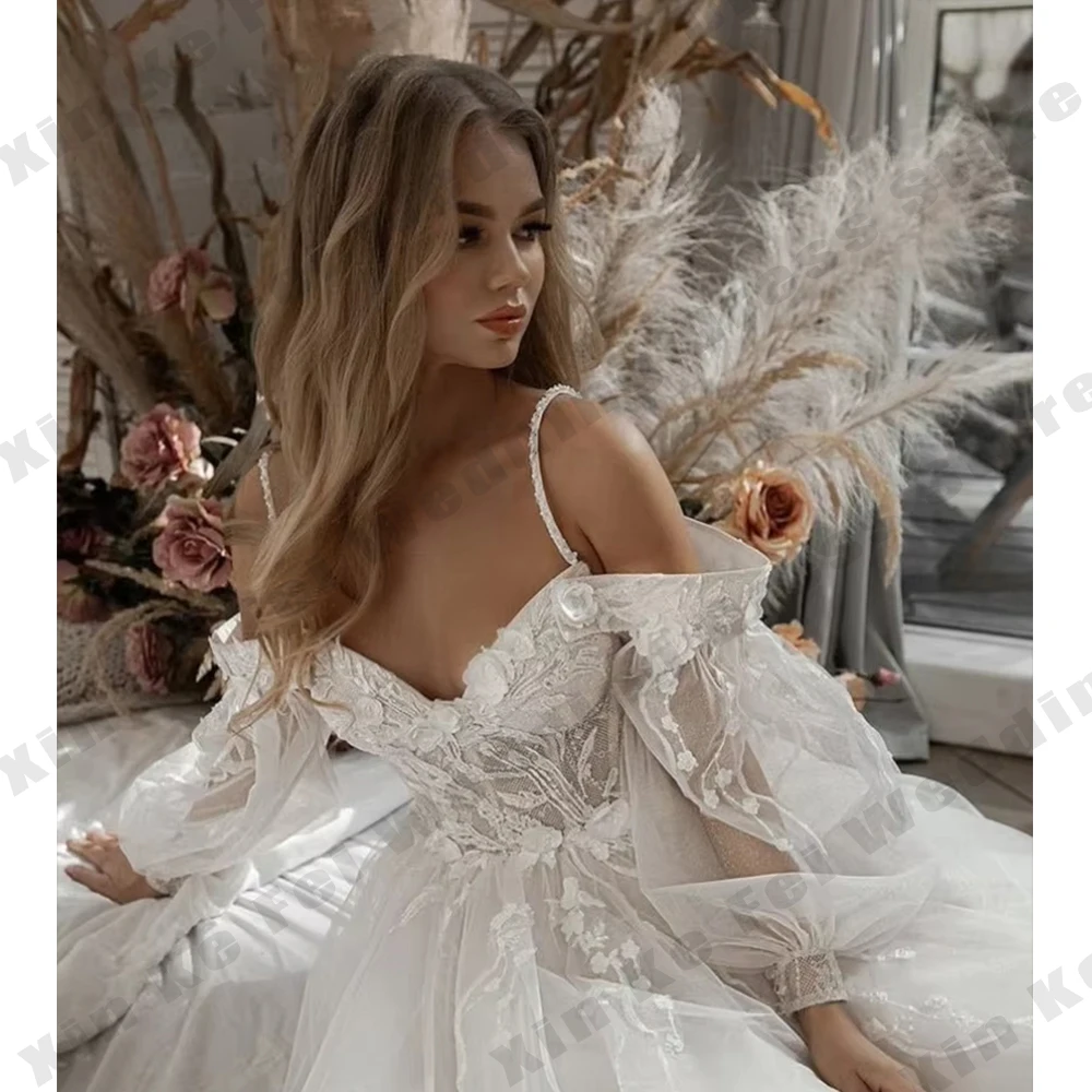 فساتين زفاف نسائية أنيقة بأكمام طويلة منتفخة زهور ثلاثية الأبعاد فساتين عروس بوهو 2026 Vestidos De Novia أردية زفاف مخصصة