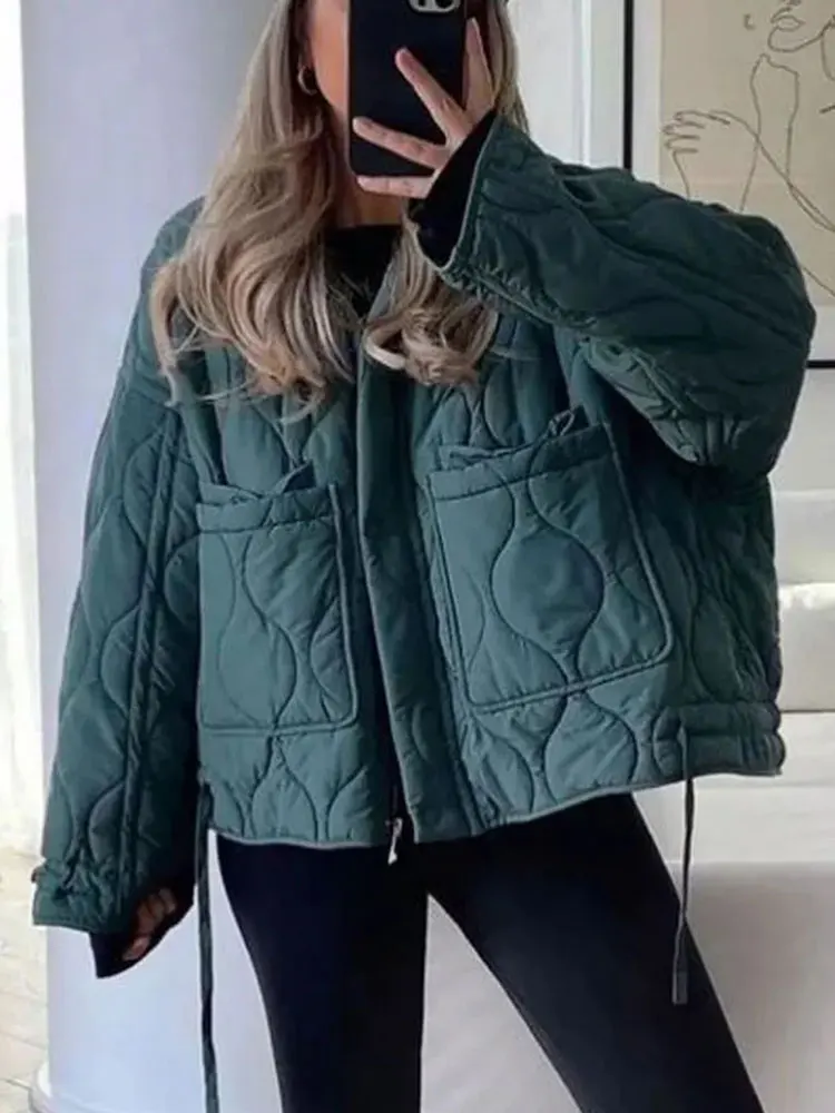 HH Women's Winter Cotton Jacket Retro Solid Color Stand Collar Jacket Women's Elegant Large Pocket Quilted HighStreet Jacket