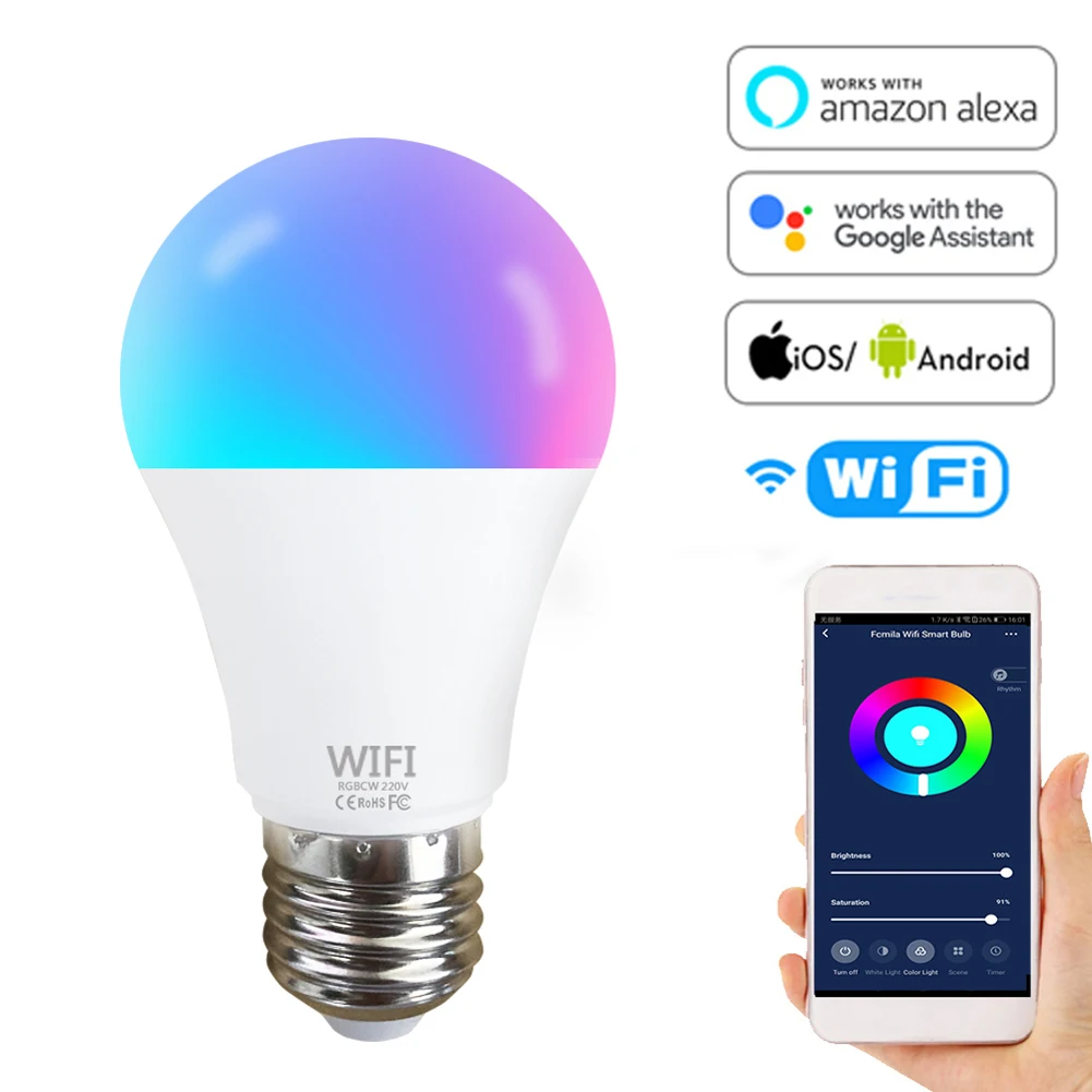 

15W WiFi Smart Light Bulb RGB White Magic LamDimmable LED E27 B22 WiFi Bulbs Compatible with Amazon Alexa Google Home Smartphone