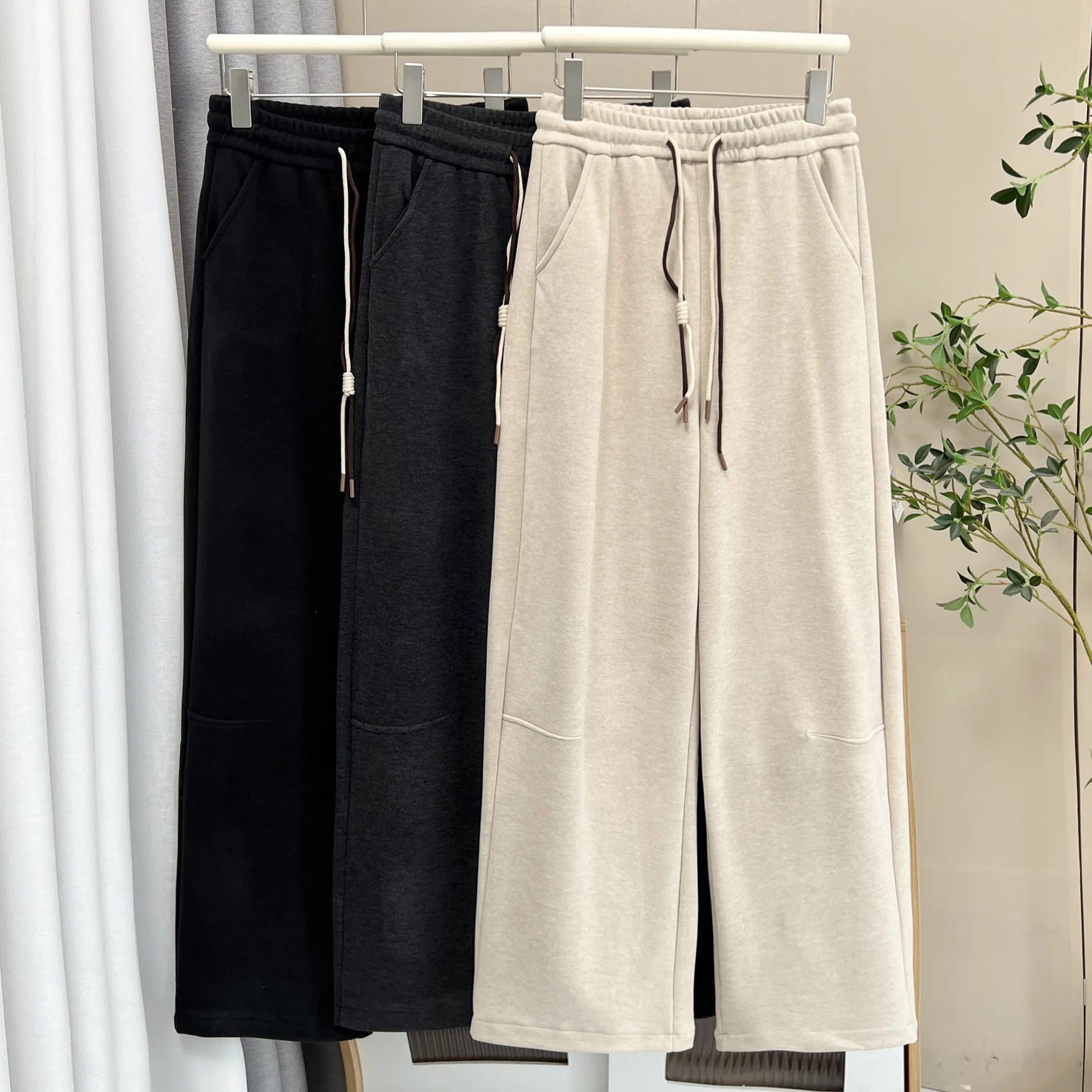 

XXXXL модные женские прямые брюки больших размеров, осенне-зимние новые флисовые повседневные брюки с эластичной резинкой на талии и шнурком 808