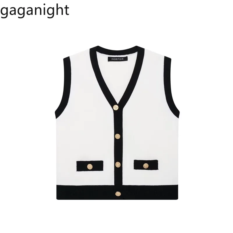 

Gaganight Knitted Vest Women V Neck Single Breasted Outwear Contrast French Style Chic Waistcoats Ladies Elegant Tops Casual