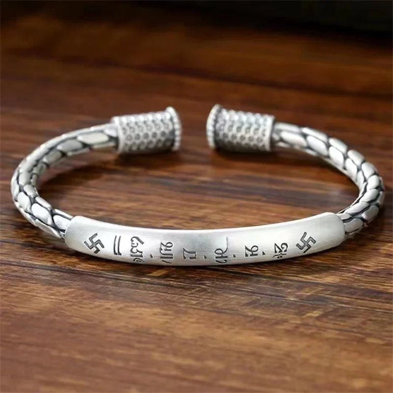 

AG999 Sterling Silver Heart Sutra Transfer Bracelet, Men's and Women's Retro Fried Dough Twists Couple Charm Bracelet High Gift