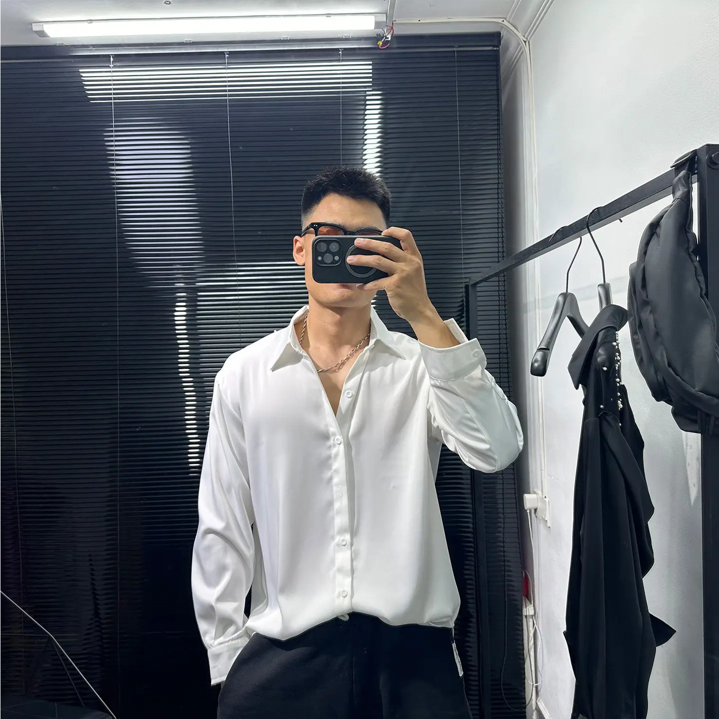Dark High-Grade Back Mesh Beads Long-Sleeved Shirt Autumn Avant-Garde Loose Leisure Iron-Free