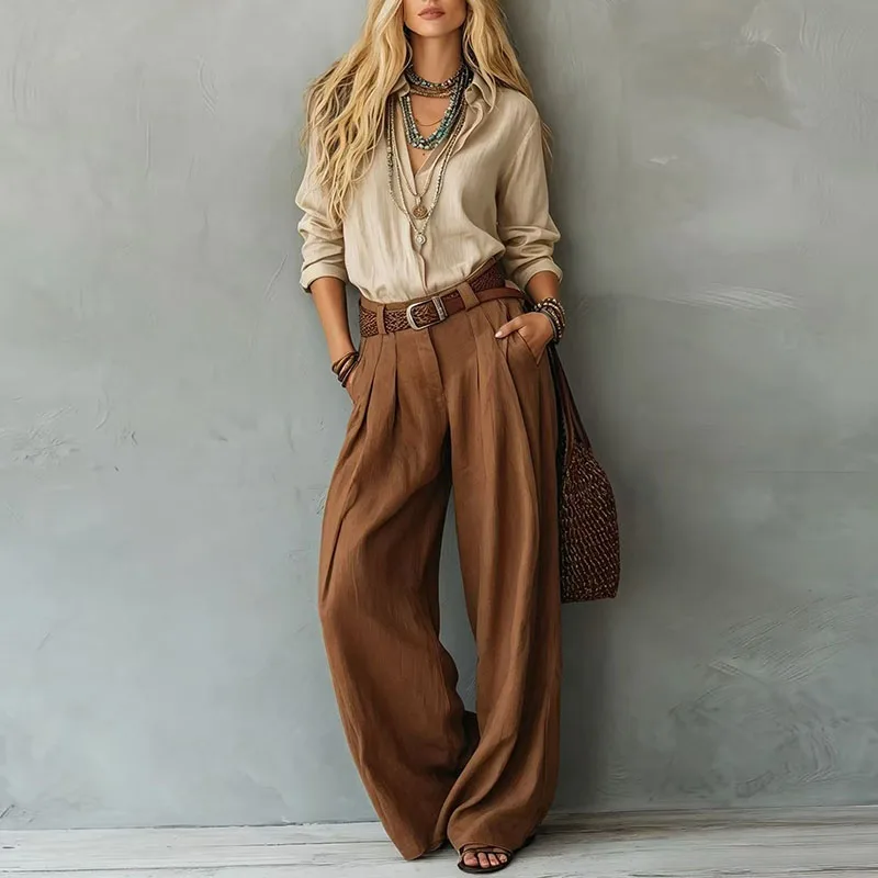 Greenora Vintage Casual 2 Piece Set Women Loose Lapel Shirt High Rise Pleated Wide Leg Trousers Suit Boho Daily Travel Office La