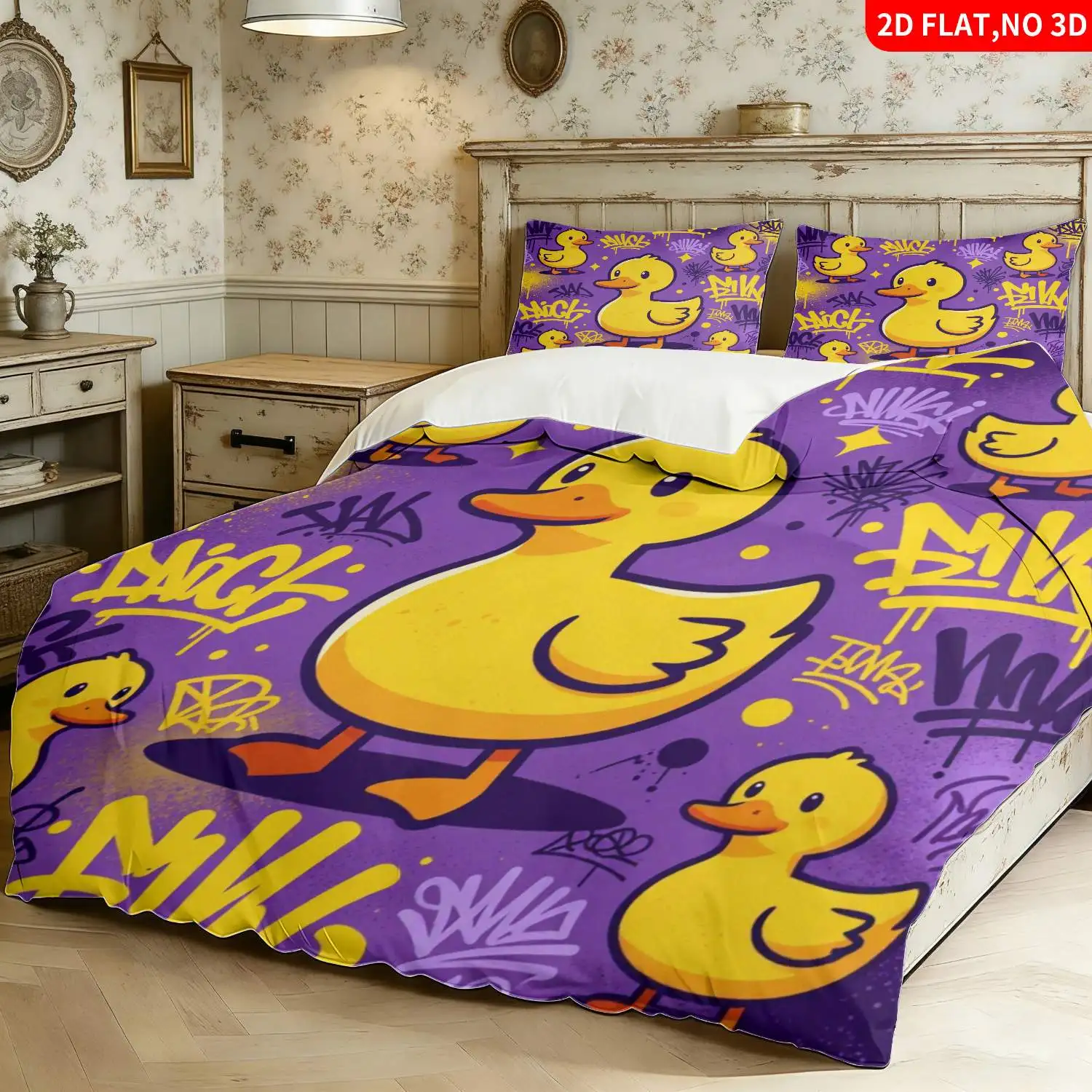 Polyester Fiber Duvet Cover Set of Three 2D Flat Printed Duvet Cover Set of Three Duvet Cover Set Rubber Duck Bed Cover Set Universal for All Seasons Purple Duck Print Duvet Cover Zippered Bedding Set, Machine Washable