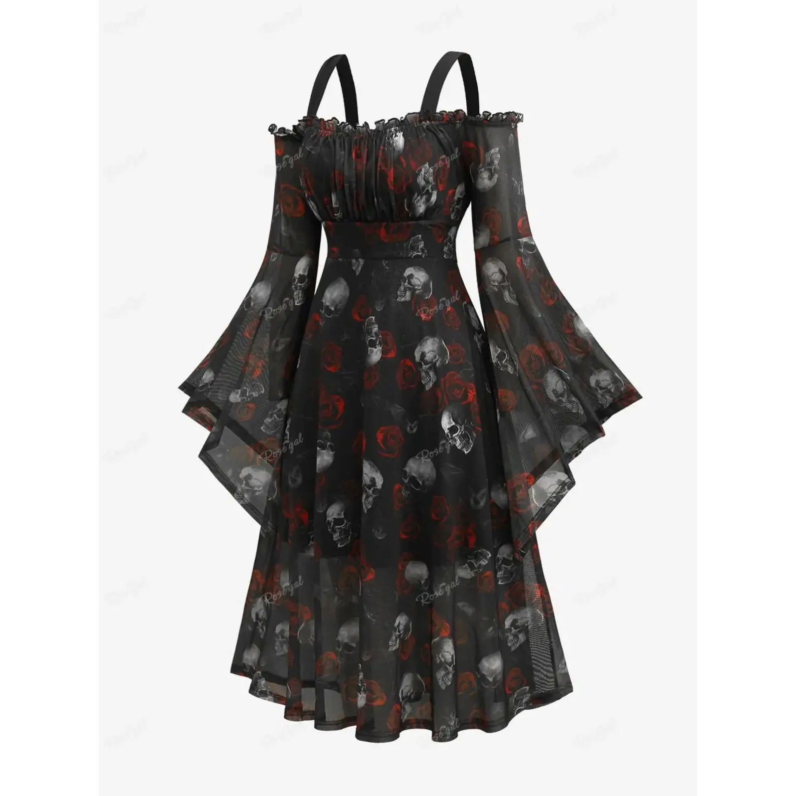 

Платье Rosegal больших размеров для женщин на Хэллоуин с принтом черепов и роз, из ПВХ, А-силуэт, Cleanfit, для среднего возраста, зимнее