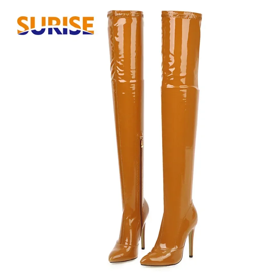 

Slim Women Stretch Thigh High Boots Stiletto Heels Black Patent Leather Pointed Toe Club Party Lady Zipper Over Knee Long Boots