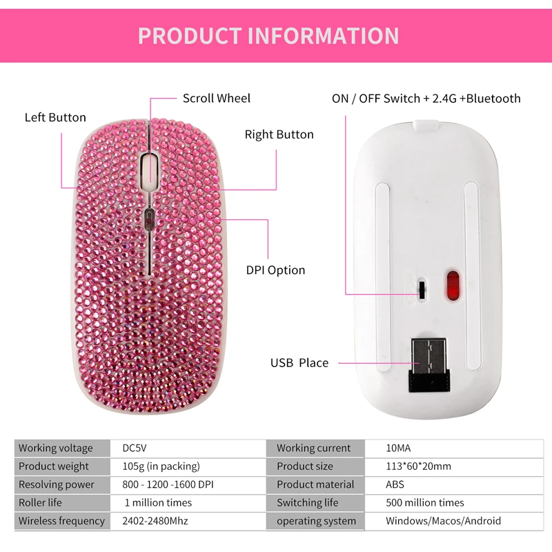 Bluetooth Bling Dazzling 2.4GHz Rechargeable Wireless Mouse Slim Mouse With USB Receiver Compatible With Notebook PC MacBook