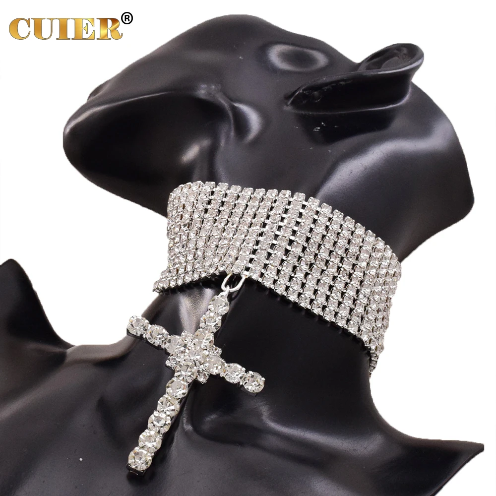 CUIER Exquisite Big Size Cross Pendant Choker for Women Rhinestone Crystal Necklace Jewelry for Man