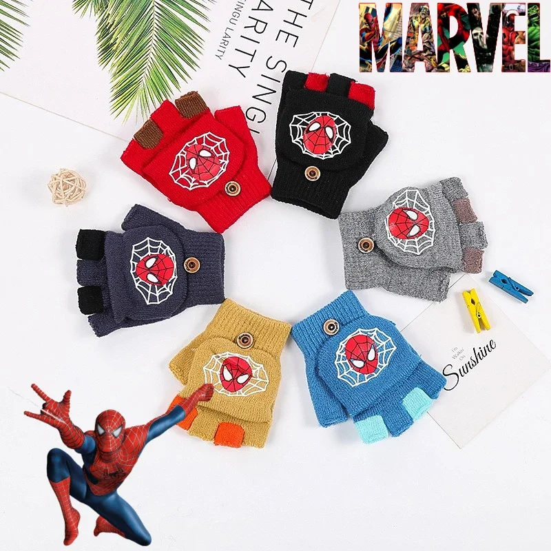 Marvel Spider-Man Children's Flip Gloves Baby Toddler Half Finger Mittens Kindergarten Flip Top Warm Gloves 4-10 Years Old Gift