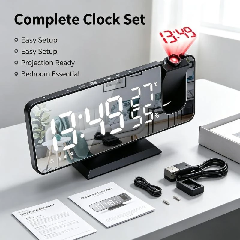 Electronic LED Display Projection Clock, 180 Degree Time Projection Design Radio Timepiece With Timer And Snooze Setup