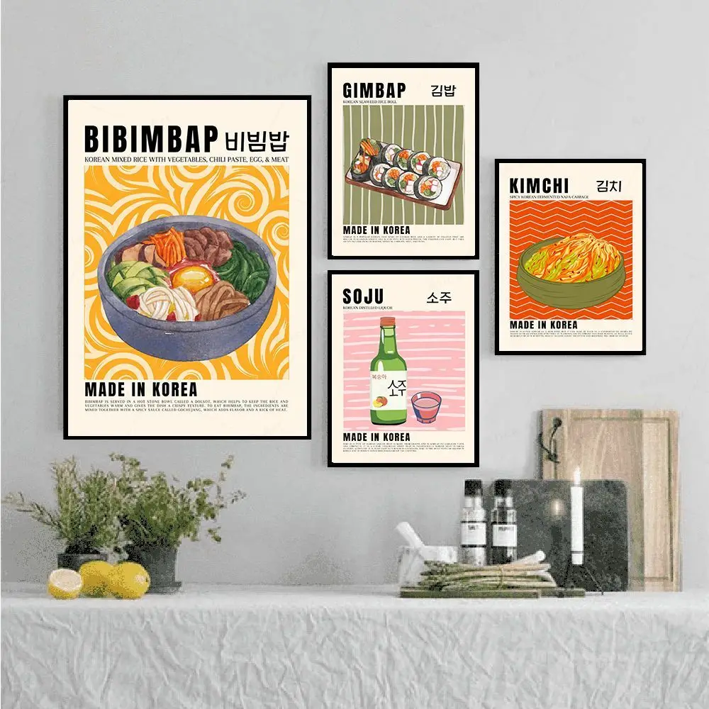 Gimbap Kimchi Bibimbap Poster Korean Food Retro Soju Makgeolli Prints Wall Art Pictures Cuisine Modern Kitchen Decor Painting