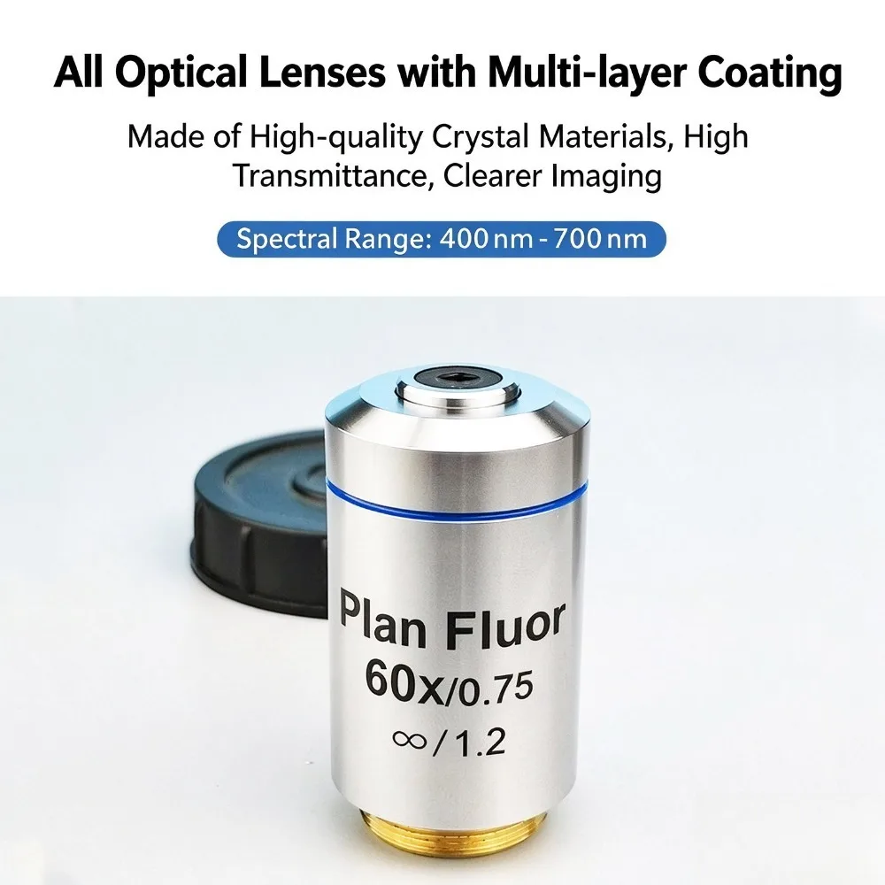 60X Plan Fluor Infinity Corrected Fluorescence Objective Lens RMS Thread For Inverted Biological Microscope NA0.75 WD2.24mm