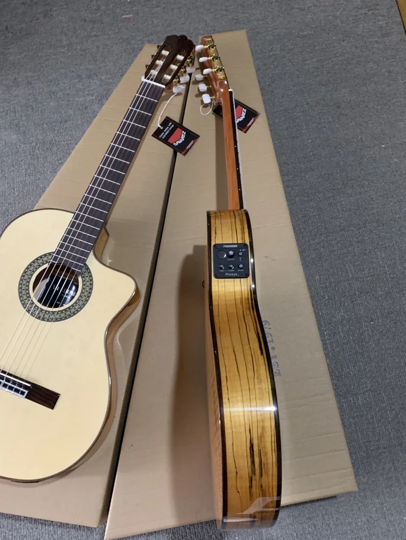 Handmade Electric Flamenco Guitar with Solid Spruce and Rotten Wood Body,Classical Guitar AF65E,Thin Body 67mm 39 inch