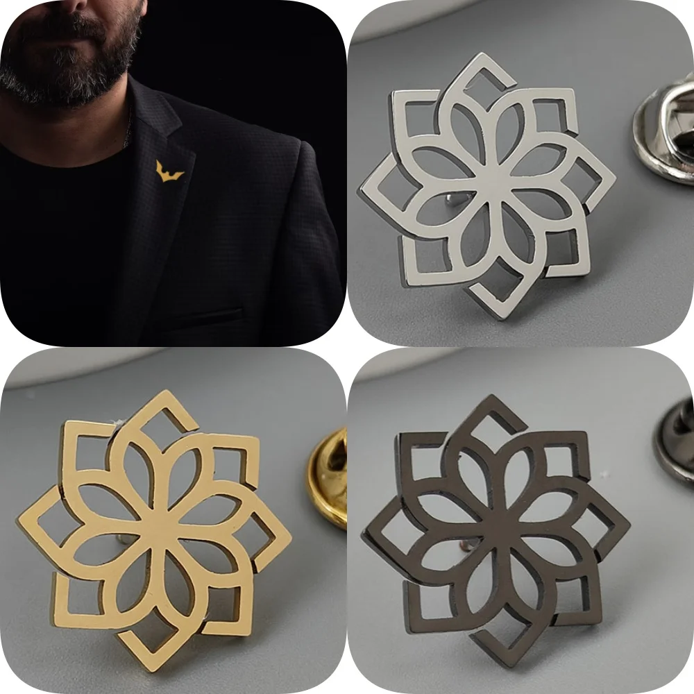 

New hip-hop style flower of life hollow stainless steel gold-plated badge, suit lapel pin waterproof black, men's brooch set
