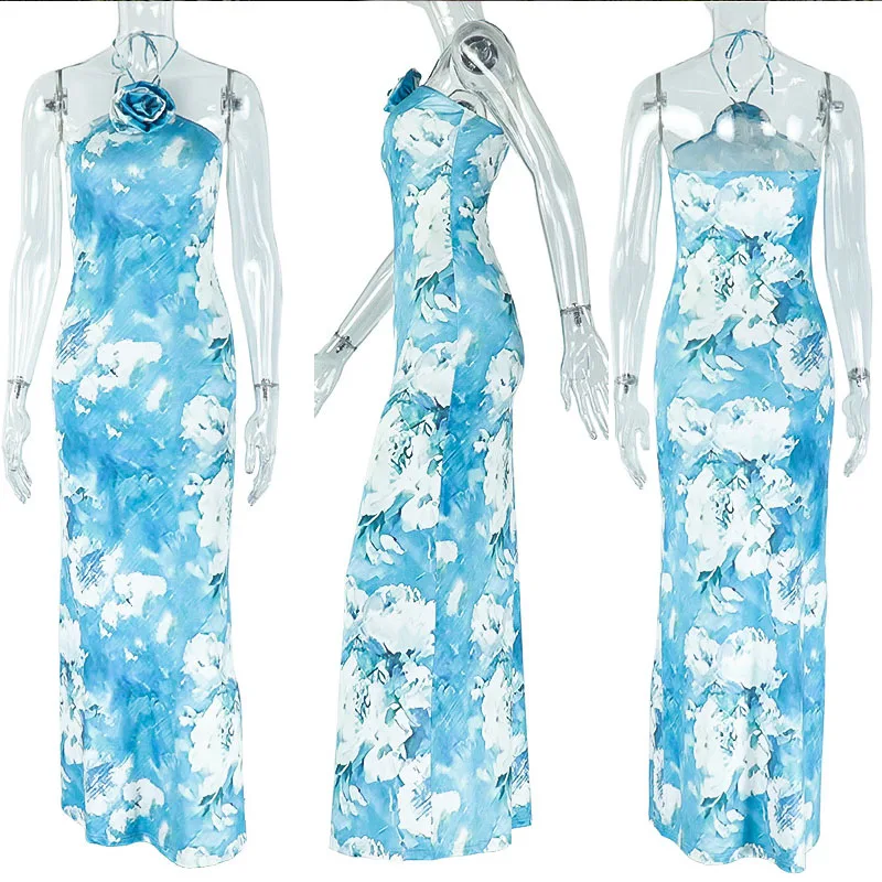 مثير الطباعة Bodycon فستان ماكسي المرأة أنيقة الرسن يزين أكمام عارية الذراعين Strecth سليم ملهى ليلي فستان طويل ثوب