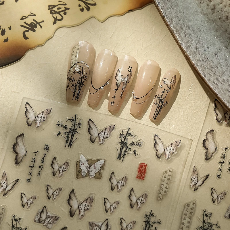 1 Pc Ancient Style Butterfly Nail Stickers Embossed Poetry Ink Bamboo Stickers For Nail Design Nail DIY Decoration Nail Stickers