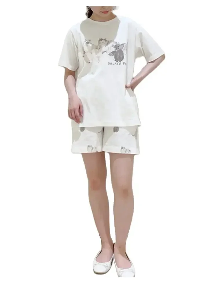 Pajamas Room Wear Ladies Kawaii Cat Shorts Set Homewear Skirt Sleepwear Pajama Loungewear Summer Spring