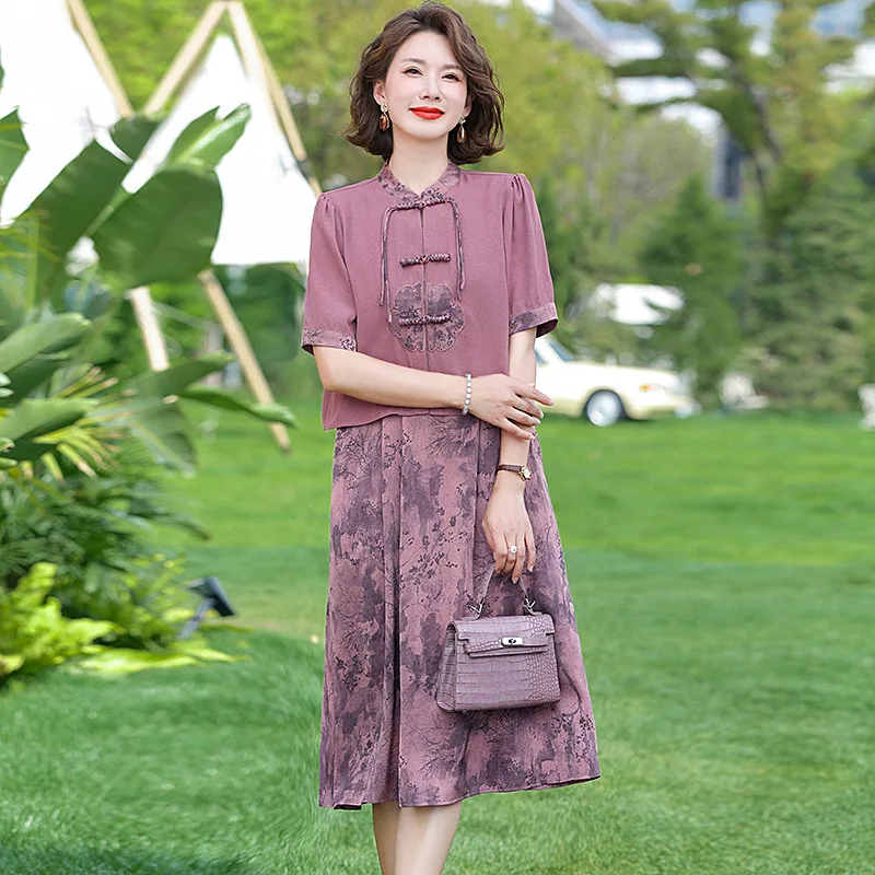 

New Chinese style middle-aged mom summer elegant dress tie dyed vest dress+short sleeved button up coat two-piece set