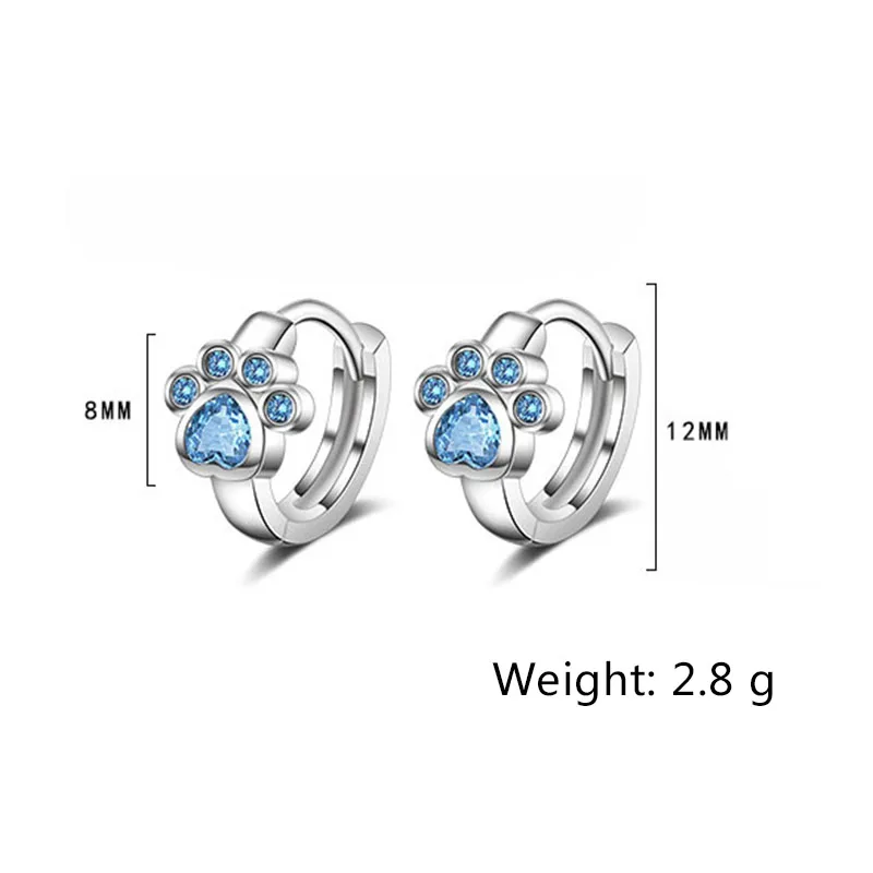 Silver Color  New Fashion Cute Cat Paw Stud Earrings for Women Creative Blue Zircon Party Jewelry Prevent Allergy