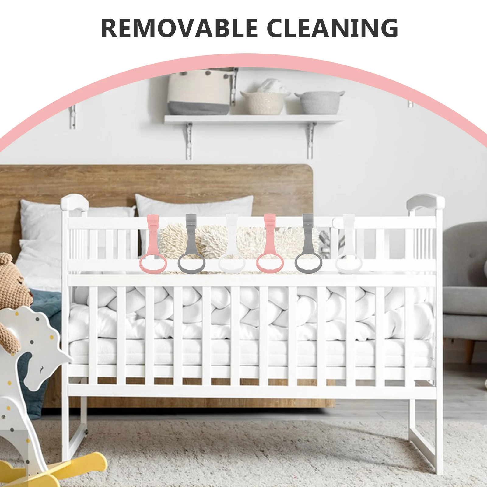 6pcs Baby Hanging Infant Bed Stand Up Rings Crib Hand Pull Rings Tools Safe Toys Accessories