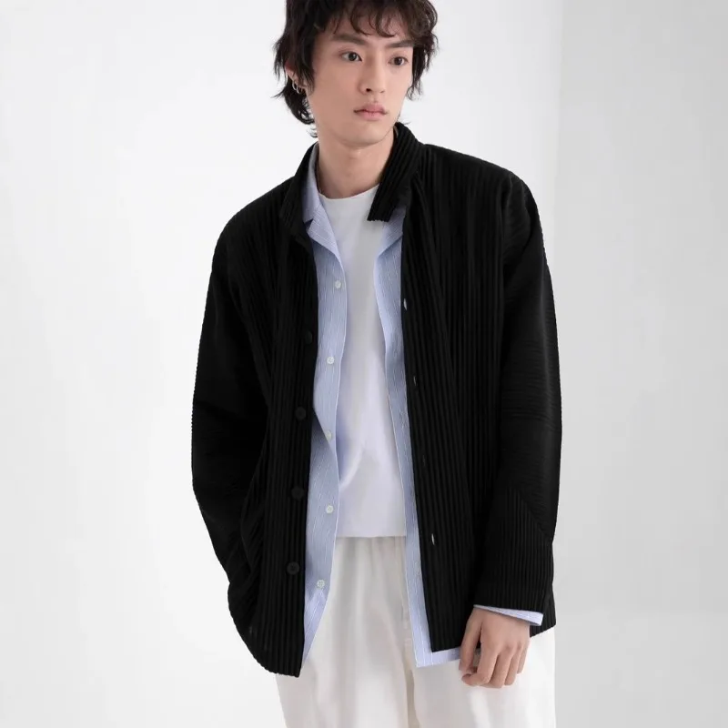Miyake Pleated Shirt Plisse Men 2026 Autumn New Fold Long Sleeve Shirt Slim Fit Casual Stand Collar Casual Cardigan Jacket