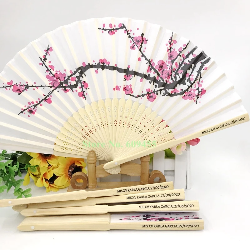 50/75PCS Personalized Wedding Cherry Blossom Fan Custom Printing Newlyweds Name and Date Hand Folding Fans Party Supplies