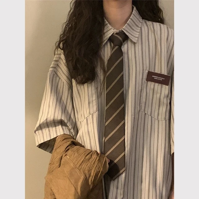 Vintage Striped with Tie Blouses Women Harajuku Oversized Loose Preppy Tops Japanese Summer Fashion Long Sleeve Shirts New