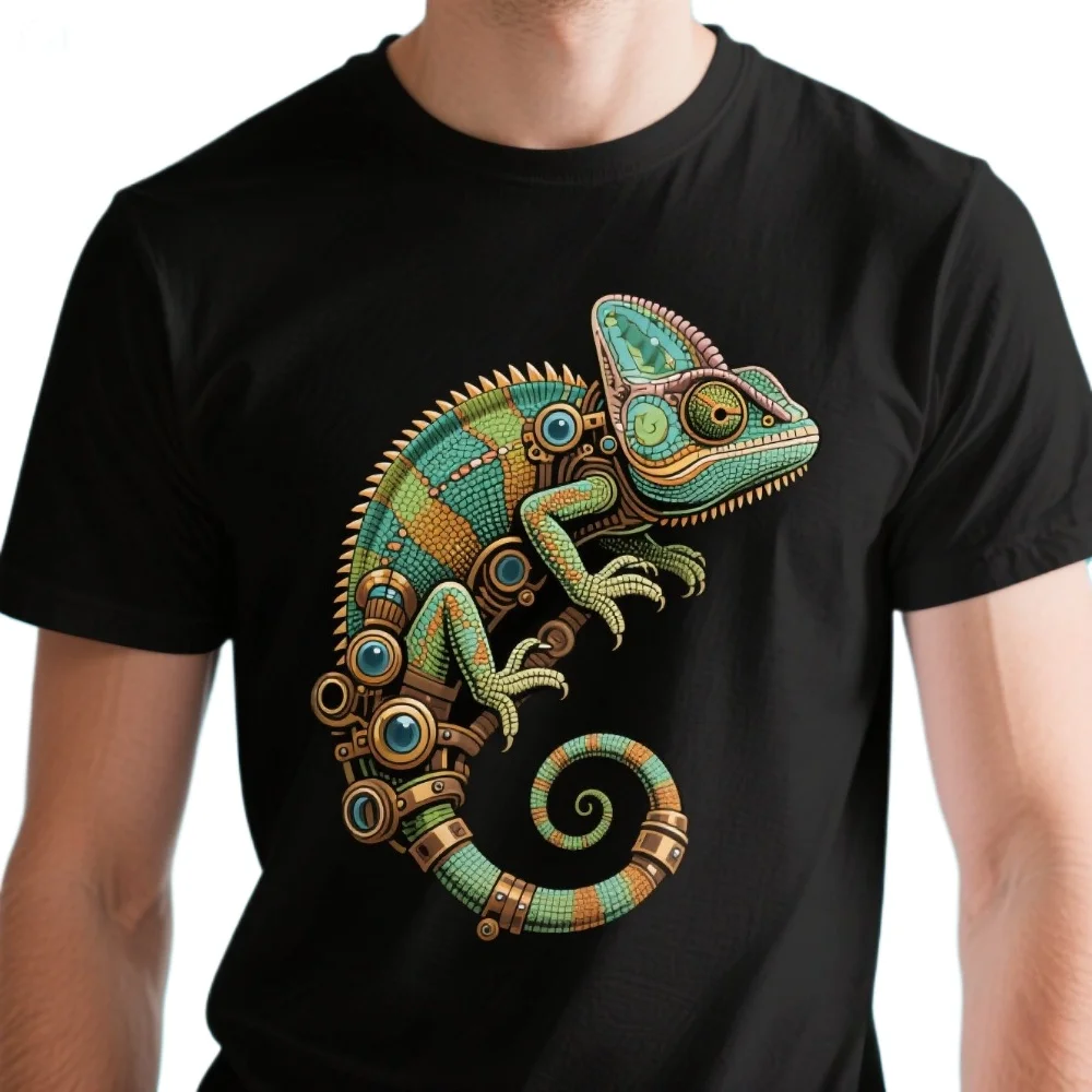 Steampunk Chameleon Transformation Illustration T-Shirt 100% Cotton O-Neck Summer Short Sleeve Casual Mens T-shirt Size S-3XL