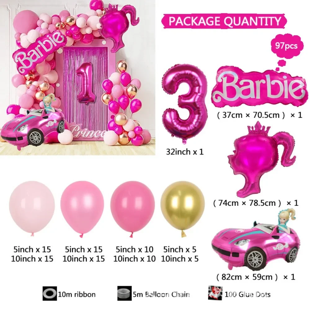 Conjunto de arco rosa de Barbie, 97 piezas, estilo guirnalda, 32 pulgadas, 1-9 bolas de aluminio, globo de látex, decoración de fiesta de cumpleaños para niños y niñas