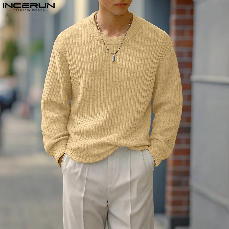 INCERUN Men Sweater Solid Color Knitted O-neck Long Sleeve Casual Men Clothing Streetwear 2025 Fashion Male Pullovers Autumn