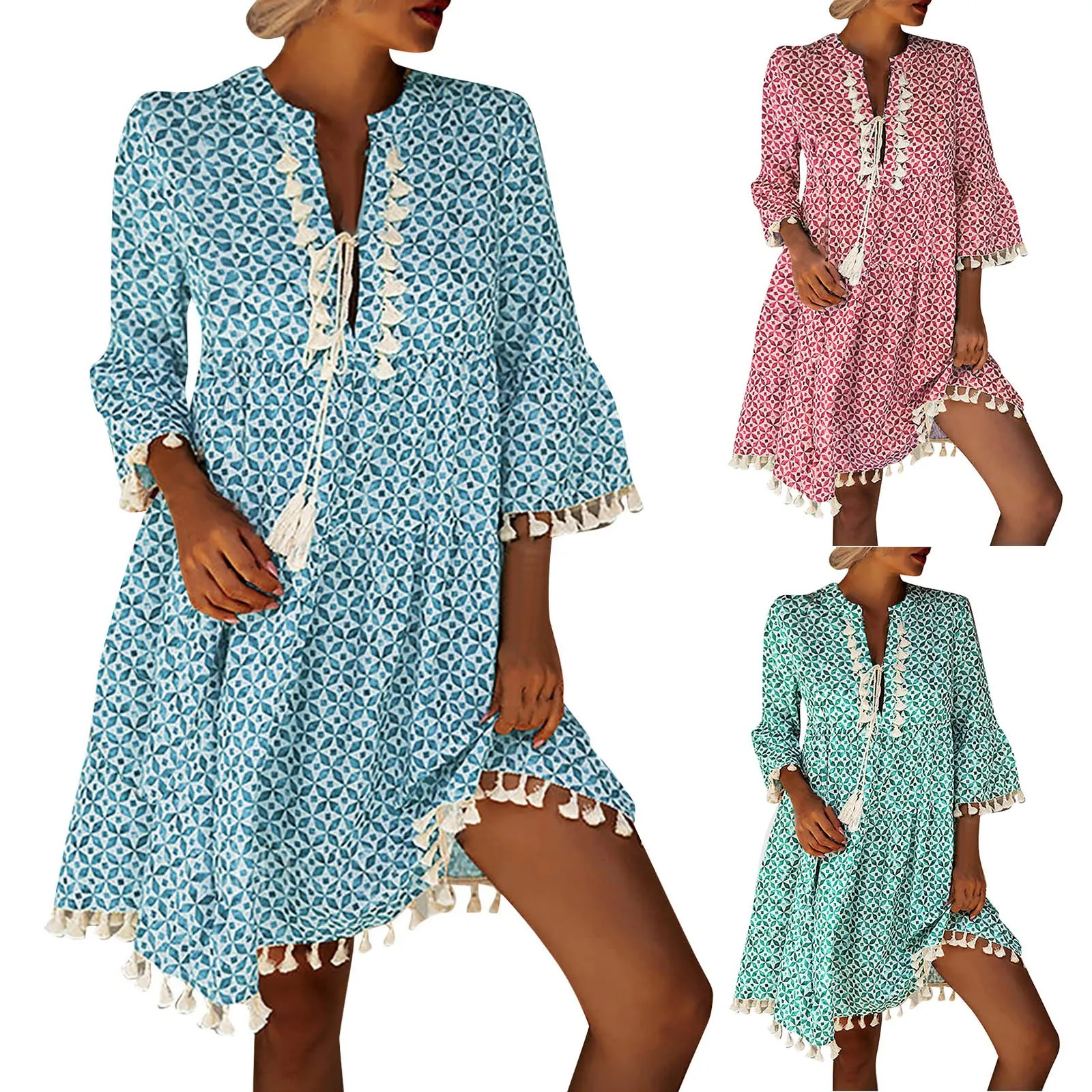 

Women Vintage Print V Neck Tassel Mini Dress Casual Loose Three Quarter Sleeve Beach Dress 2024 Spring Summer Party Dress Femme