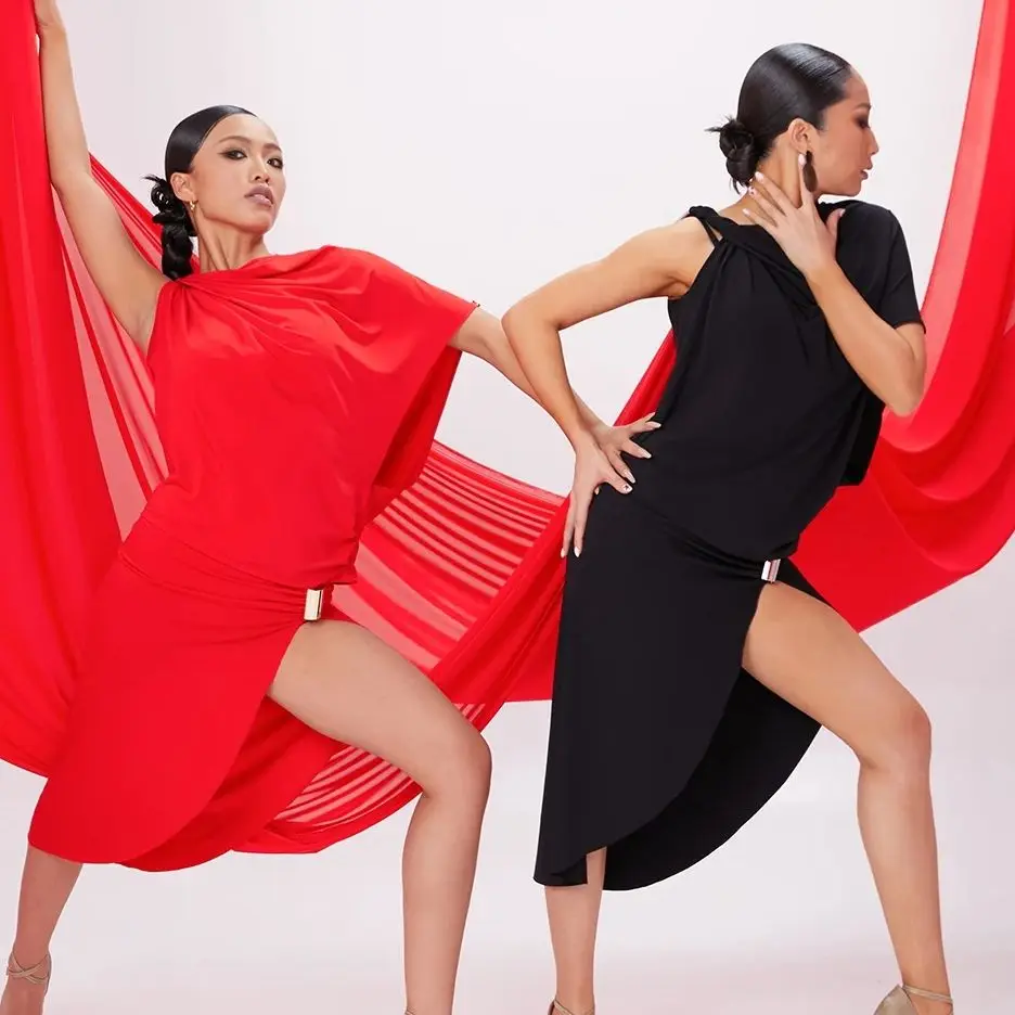 

Latin Dance Loose Smock Slanted Shoulder Tops Irregular Skirts Performance Costumes Chacha Rumba Tango Adult Latin Dress DN20854