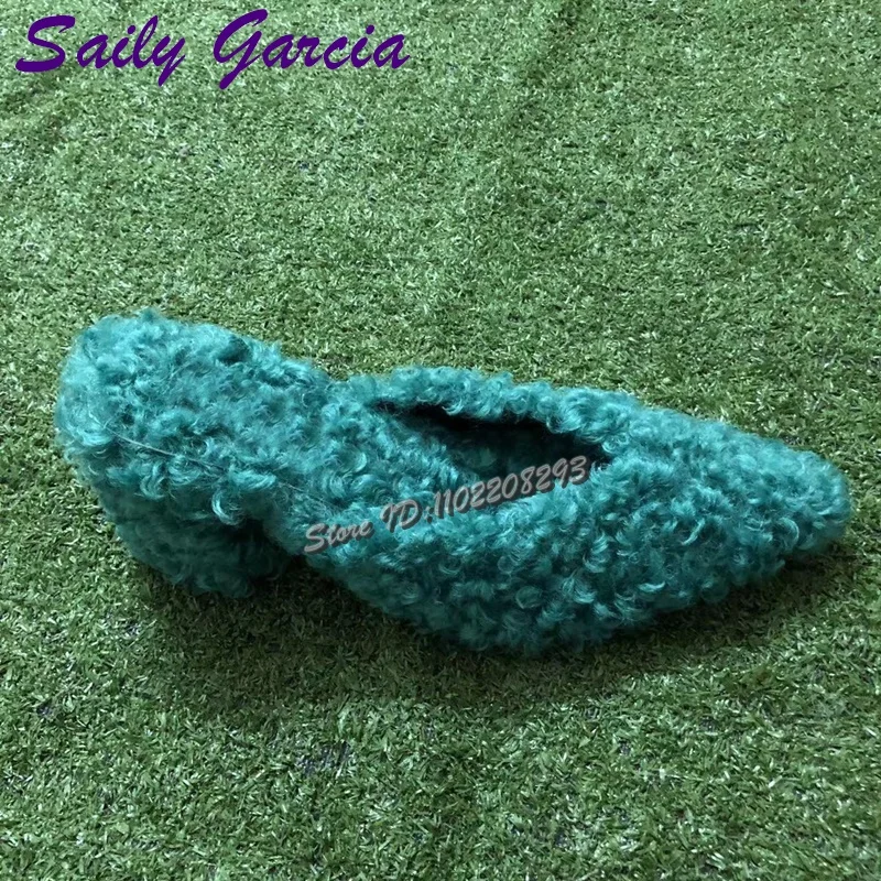 

Faux Fur Square Heel Pumps Retro Green Wool Shallow Pointed Toe High Heel Slippers 2025 Autumn Fashion Women Modern Shoes